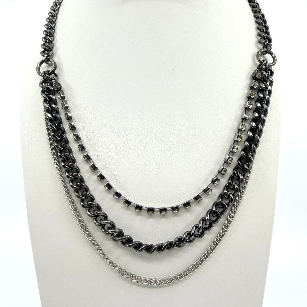 Vintage Gunmetal Layered Necklace Multi Strand Chunky Curb Chain Rhinestone